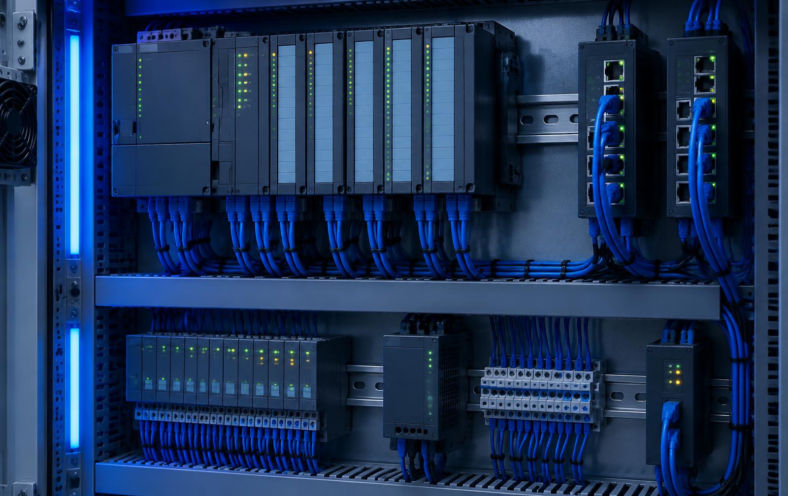Industrial automation cabinet with PLC modules and industrial network switches